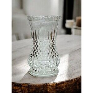 Vintage Lamplight Farms Clear Glass Diamond Cut Vase Made In USA Hobnail MCM
